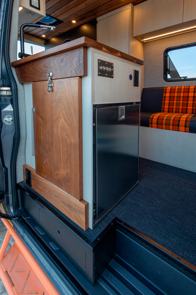 SAGA Vans Team Van Sprinter 144 side folding table hardwood black walnut
