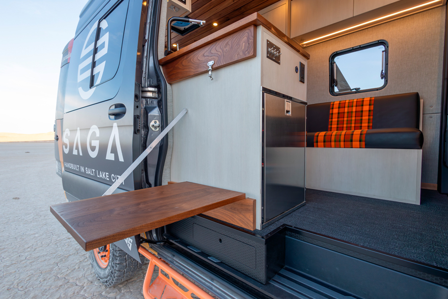 SAGA Vans Team Van Sprinter 144 side folding table hardwood black walnut