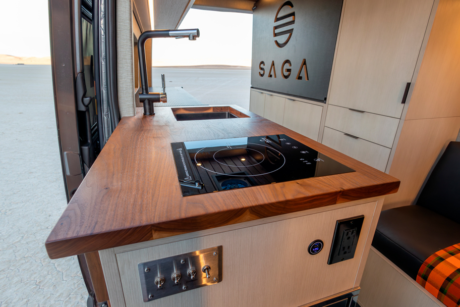 SAGA Vans Team Van Sprinter 144 interior sink countertop induction cooktop