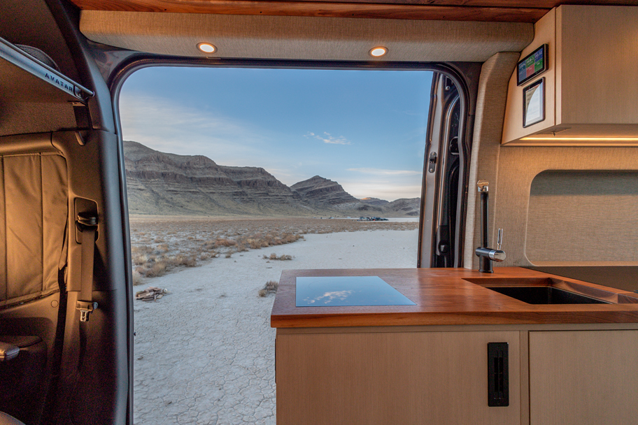 SAGA Vans Team Van Sprinter 144 interior kitchen view