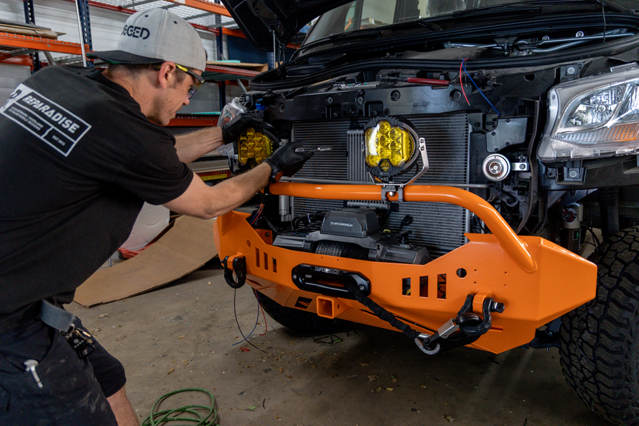 SAGA Vans team van build bumper light install