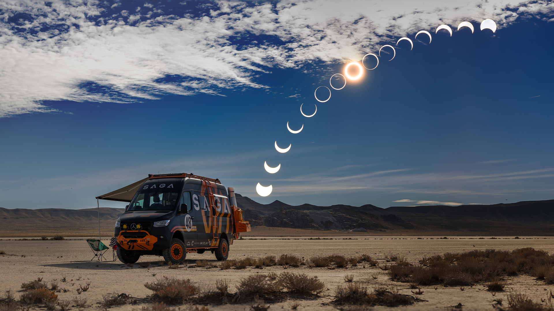 SAGA Vans Team Van Sprinter 144 Exterior solar eclipse Ibex sequence