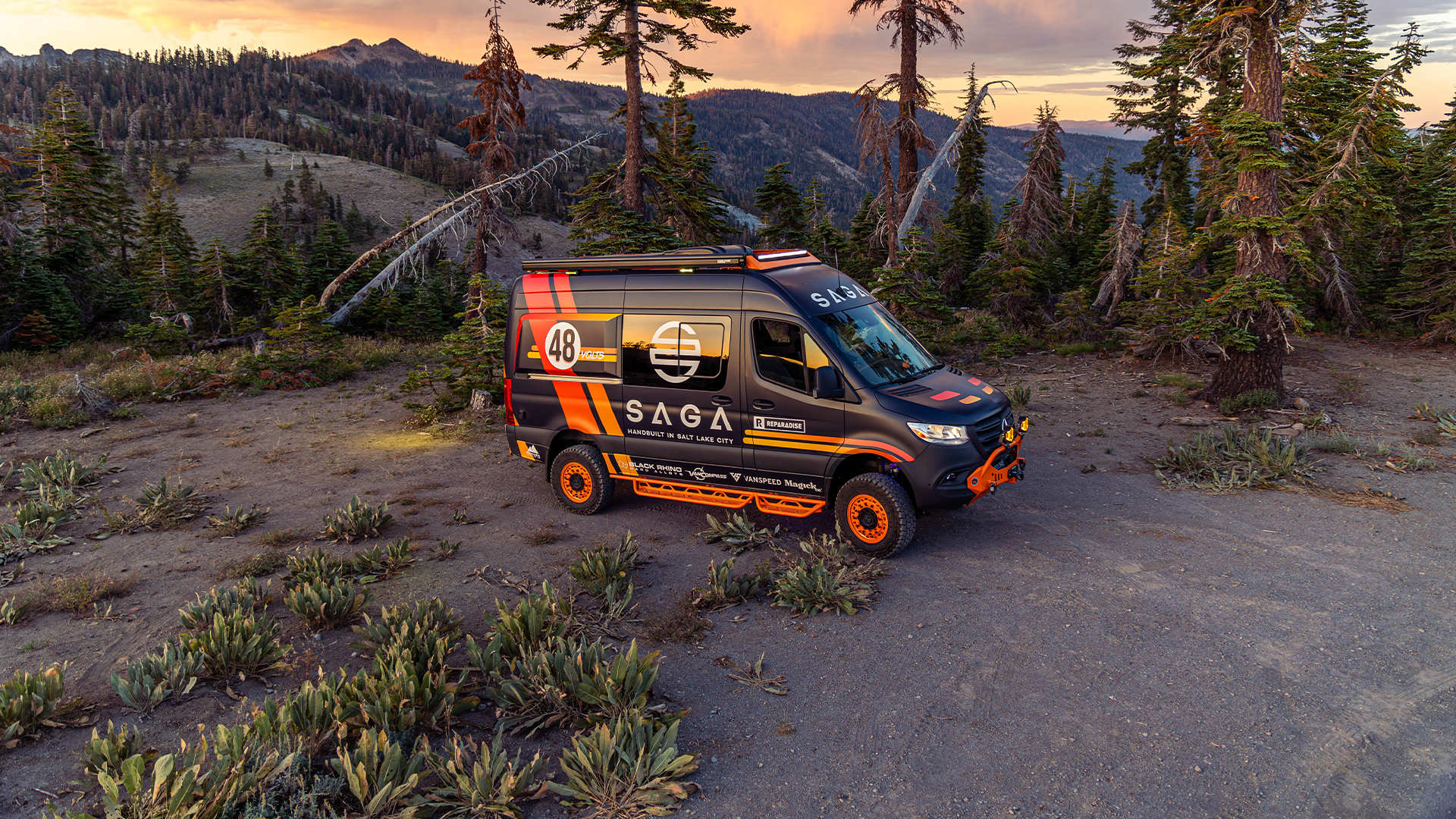 SAGA Vans team van exterior wide Sierra Nevada mountains