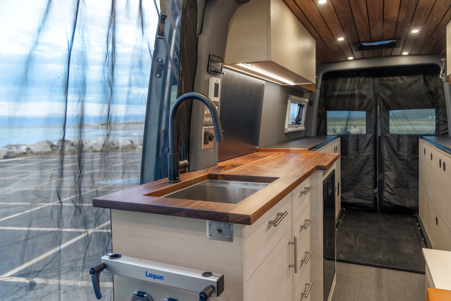 SAGA Vans Sprinter 170 Interior build kitchen and hardwood black walnut countertop
