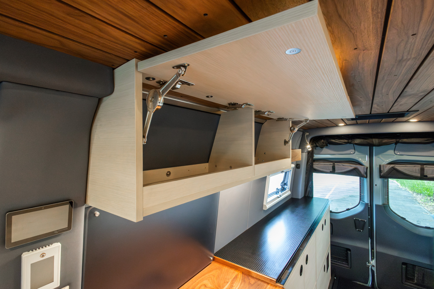 SAGA Vans Sprinter 170 interior overhead cabinet open