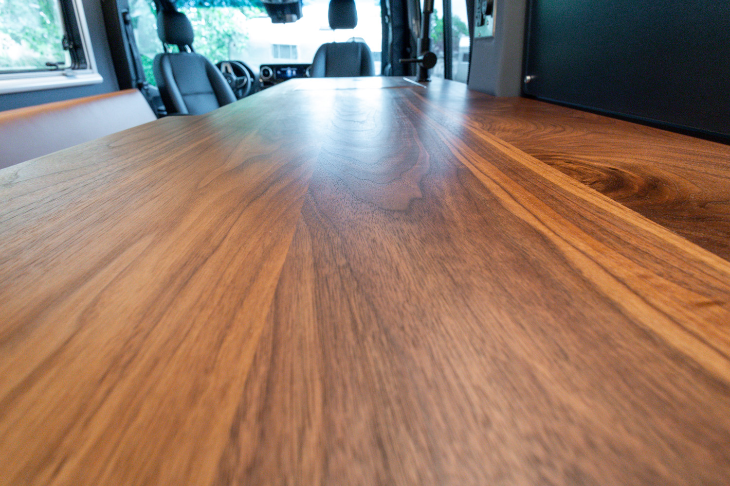 SAGA Vans Sprinter 170 interior hardwood black walnut countertop close up